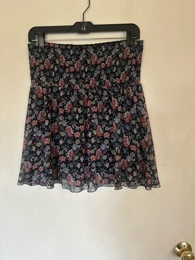 CAbi Navy Floral Smocked Mini Skirt with Pink and Blue Flowers Medium